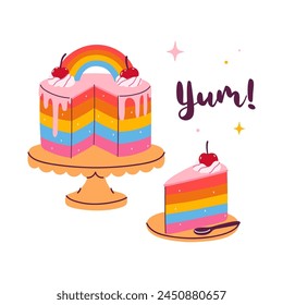 Rainbow cake and slice isolate on a white background. Vector graphics.