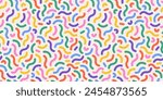 Rainbow cake sprinkle pattern. 80s Birthday. Funky confetti background. Donuts glaze, dessert background. Memphis style. Curved lines. Celebration design. Background for wrapping paper, and fabric.