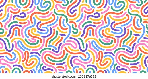 Rainbow cake sprinkle pattern. Memphis style. Funky confetti background. 80s Birthday. Donuts glaze, dessert background. Curved lines. Celebration design. Background for wrapping paper, and fabric.