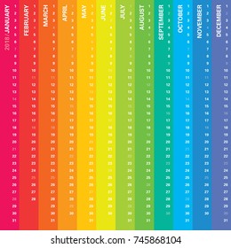 Rainbow calendar 2018, square creative design, sundays selected. English language. Multicolored template for web, business, print, postcard, wall and banner.