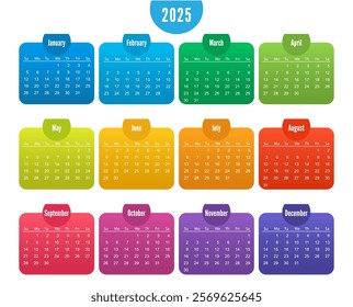 Rainbow calendar Year 2025.  vector calendar. Calendar on white Background for business. Week Starts Sunday. template, simple and clean design.
