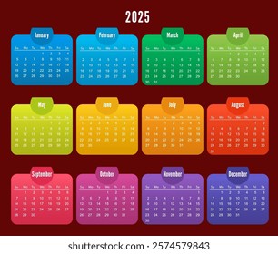 Rainbow calendar Year 2025.  vector calendar. Calendar on white Background for business. Week Starts Sunday. template, simple and clean design.