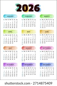 Calendário do arco-íris Ano 2026. calendário vetorial. A semana começa no domingo.