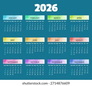 Calendário do arco-íris Ano 2026. calendário vetorial. A semana começa no domingo .
