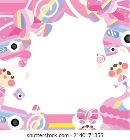 Rainbow candy. cartoon white bear with various types of desserts including candy, cakes, macarons, ice cream
