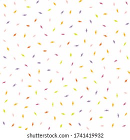 Rainbow candy confetti dotty paper texture seamless background. Tiny colored pinata sugar sweeties sprinkles on white. Cute falling scandikid deco pattern.  kawai digital candy party scrapbook paper
