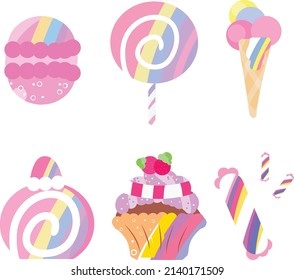 Rainbow candy.Various types of sweets, including candies, cakes, macarons, ice creams