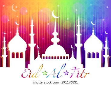 Rainbow card with mosque for greeting with finish of fasting month Ramadan and Islamic holiday Eid al-Fitr, as well Feast of Breaking the Fast. Vector illustration