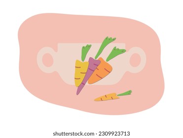 Rainbow carrots and soup bowl vector illustration. Vegetarian eating and cooking from scratch concept
