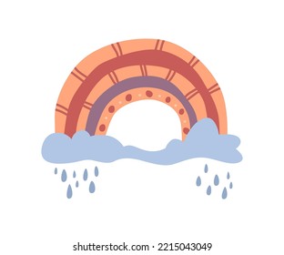 Rainbow cartoon, childlike drawing with cloud, rain and star. Vector in flat style, heart and flower in blossom, blooming and flourishing of plant, bright sun and rain, rainy weather