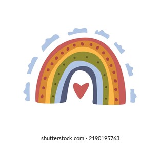 Rainbow cartoon, childlike drawing. Vector in flat style, heart and flower in blossom, blooming and flourishing of plant, bright sun and rain, rainy weather