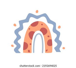 Rainbow cartoon, childlike drawing. Vector in flat style, heart and flower in blossom, blooming and flourishing of plant, bright sun and rain, rainy weather