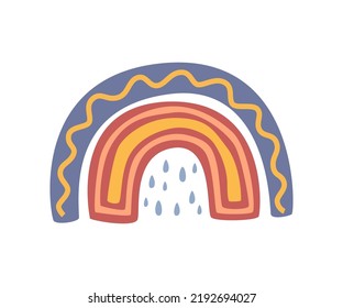 Caricatura arcoiris, dibujo infantil. Vector de estilo plano, corazón y flor en flor, florecimiento y florecimiento de plantas, sol y lluvia brillantes, clima lluvioso