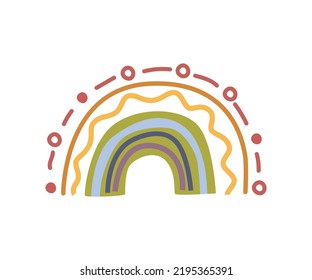 Rainbow cartoon, childlike drawing. Vector in flat style, heart and flower in blossom, blooming and flourishing of plant, bright sun and rain, rainy weather