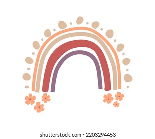 Rainbow cartoon, childlike drawing. Vector in flat style, heart and flower in blossom, blooming and flourishing of plant, bright sun and rain, rainy weather