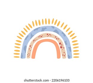 Caricatura arcoiris, dibujo infantil. Vector de estilo plano, corazón y flor en flor, florecimiento y florecimiento de plantas, sol y lluvia brillantes, clima lluvioso