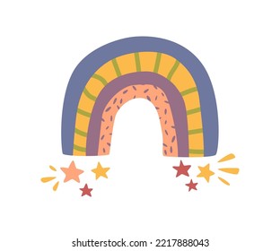Caricatura arcoiris, dibujo infantil. Vector de estilo plano, corazón y flor en flor, florecimiento y florecimiento de plantas, sol y lluvia brillantes, clima lluvioso