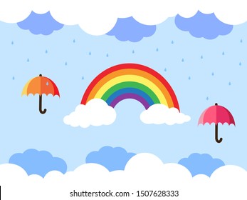 Rainbow and cartoon cute clouds with water droplets and colorful umbrella(Parasol) on heavy rainy day.Blue sky background.Weather forecast.Vector. Illustration.