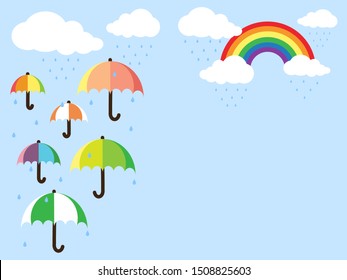 Rainbow and cartoon cute clouds with water droplets and colorful umbrella(Parasol) on heavy rainy day.Blue sky background.Weather forecast.Vector. Illustration.