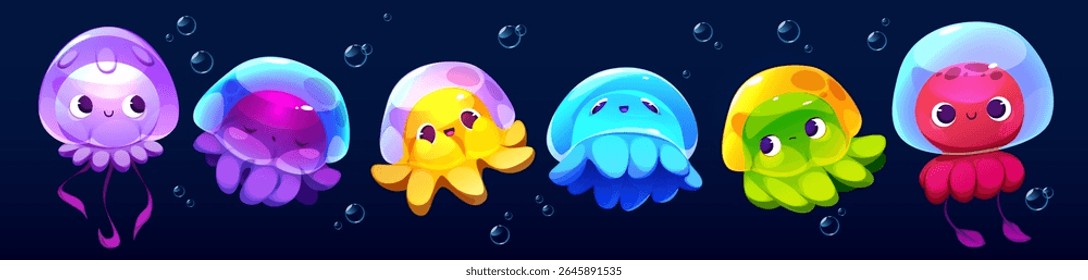 Rainbow cartoon jellyfish medusa set - adorable sea creatures with translucent dome heads and flowing tentacles. Colorful underwater characters with bubbles for marine games or kids ocean materials.