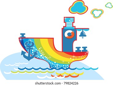 Rainbow cartoon steamship - happy vector illustration.