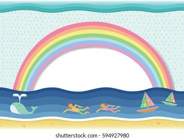 Rainbow with cartoon swimming in the sea. Colors background with rain and sun white or speech bubble. Concept environmentally friendly for earth day.