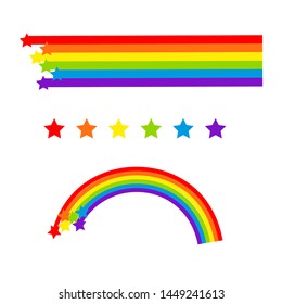 Rainbow cartoon vector isolated on white. Colorful stars and stripes. Rainbow stroke.