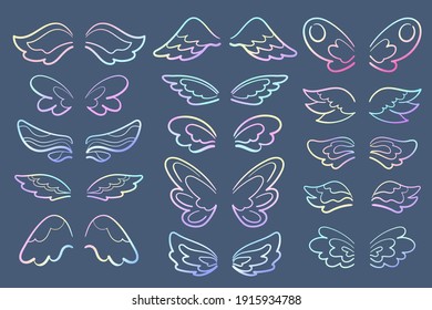 Rainbow cartoon wing set, vector icons on blue background. Magical wing of angel, muse, sorceress, butterfly, fairy character. Comic wing clipart set for social media. Flying creature icon collection