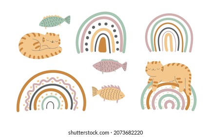 Gato arcoiris. Resumen del arco minimalista. La guardería y el cuarto de bebé. Ilustración plana de moda moderna a mano aislada de fondo blanco.