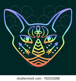 Rainbow cat face vector Sacred animal of ancient Egypt, mystical cat face with Egyptian hieroglyphic symbols Hand drawn Egyptian cat on dark background for t shirt, tattoo, textile, poster print