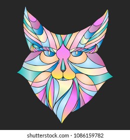 Rainbow cat face vector. symbols Hand drawn cat on dark background for t shirt, tattoo, textile, poster print. Fashion neon gradient, vector illustration