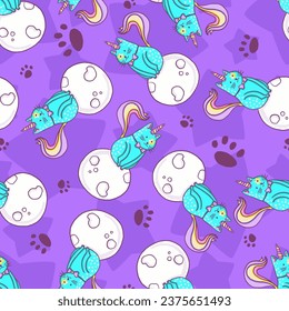 Rainbow Cat Sitting on Planet Vector Seamless Pattern