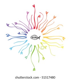 rainbow cats family around gray  fish