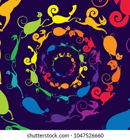 Rainbow cats on violet background. Design for postcards. Vector illustration.