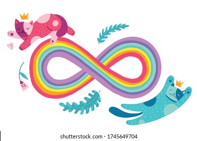 Rainbow, cats and plants isolated on white background. Flat cartoon vector illustration, hand drawn style.