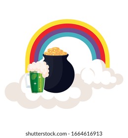 arco iris con diseño de ilustración vectorial de cauldros y jarros de cerveza