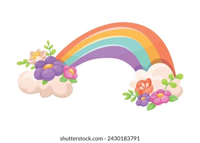 Rainbow as Celestial Body with Flower Adornment Vector Illustration