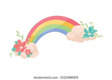 Rainbow as Celestial Body with Flower Adornment Vector Illustration