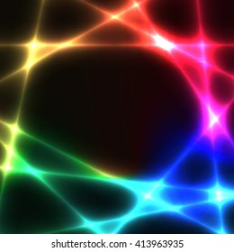 Rainbow chaotic lines on dark background. Template with spectrum laser lines. Place for your text in centre.