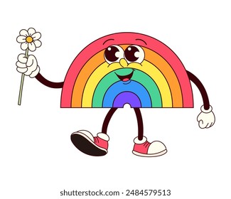 Eine Regenbogenfigur, die eine Blume hält. Szene ist glücklich und fröhlich