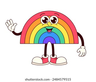 A rainbow character is waving to the camera. The rainbow is colorful and has a happy expression. The character is wearing red shoes and white socks