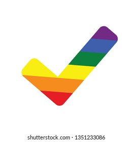 Rainbow check mark icon isolated on white background. Tick symbol in six rainbow colors, vector illustration. LGBT community and pride symbol. Same-sex marriage allowance concept.