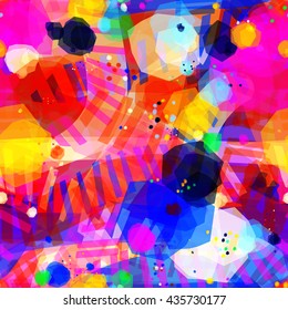 Rainbow cheerful colors. Strips and spots of polygons. Offset, overlap, overlay, transparency. Abstract seamless vector pattern. Easy editing.