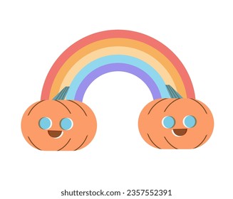 Arcoiris con calabazas alegres. Ilustración plana del vector EPS 10