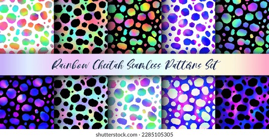 Rainbow Cheetah seamless patterns set. Vector gradient wild animal leopard skin, leo texture with black, neon and rainbow spots for fashion print design, wrapping paper, backgrounds, wallpapers.