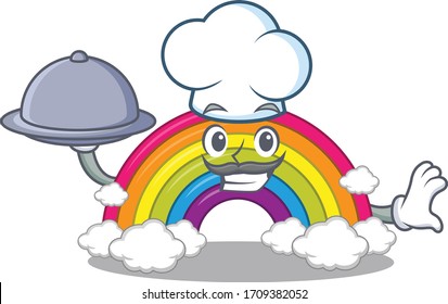 Cartoon-Charakter des Regenbogenkochs, der Essen auf dem Tablett serviert
