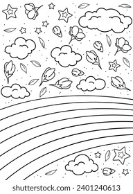 Rainbow, cherry blossoms, clouds. Sky. Background, coloring page, black and white vector illustration.