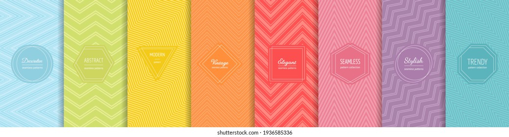 Rainbow chevron vector geometric seamless patterns collection. Set of bright colorful backgrounds with modern minimal labels. Cute abstract zigzag textures. Pattern design for Easter, holiday decor