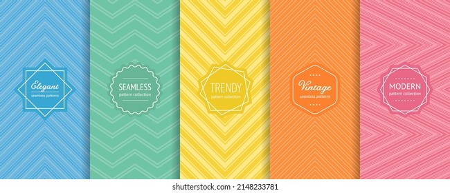 Rainbow chevron vector geometric seamless patterns collection. Set of bright colorful backgrounds with modern minimal logos. Cute abstract zig zag textures. Pattern design for Easter, holiday decor