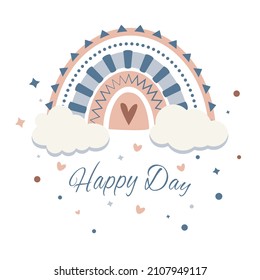 Rainbow with a children's print decorated with clouds and hearts.